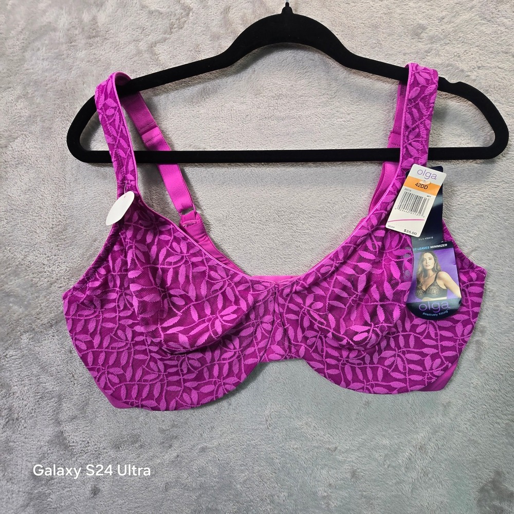 Olga Sheer Leaves Minimizer Bra 35519 Magenta Purple Underwire 42DD NEW